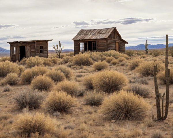 Abandoned Wooden Structures in Desert Landscape