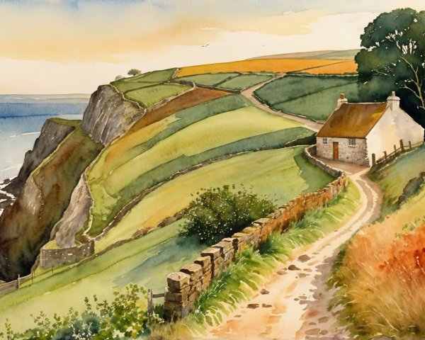 Picturesque Landscape with Cottage on Green Hillside