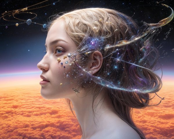 Young Woman in Profile Against Cosmic Backdrop