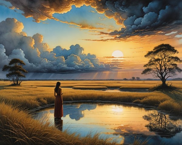 Serene sunset landscape with woman by tranquil pond