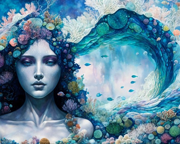 Ethereal Woman in Vibrant Underwater Landscape