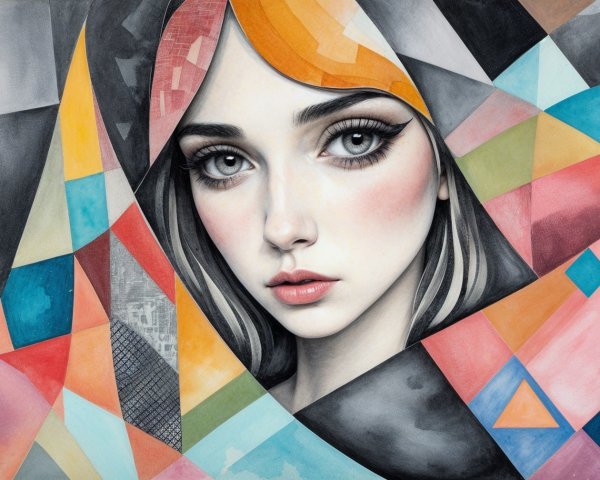 Young Woman's Face in Vibrant Abstract Mosaic Art