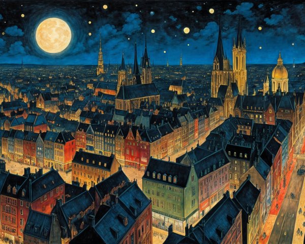 City Night Scene with Moonlit Skyline and Stars