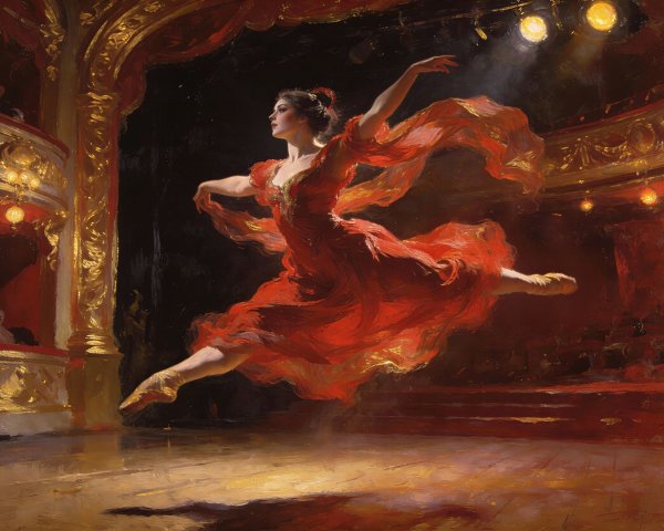 Glamorous Woman Leaping in Red and Gold Dress