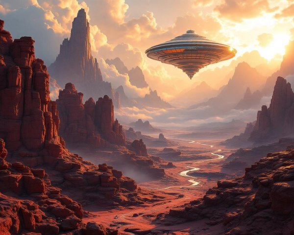 Majestic Mountain Landscape with UFO and Sunset Glow