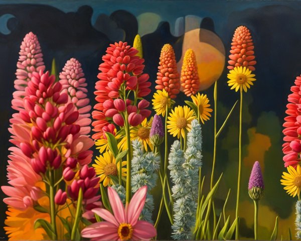 Surreal Landscape with Colorful Flowers and Glow