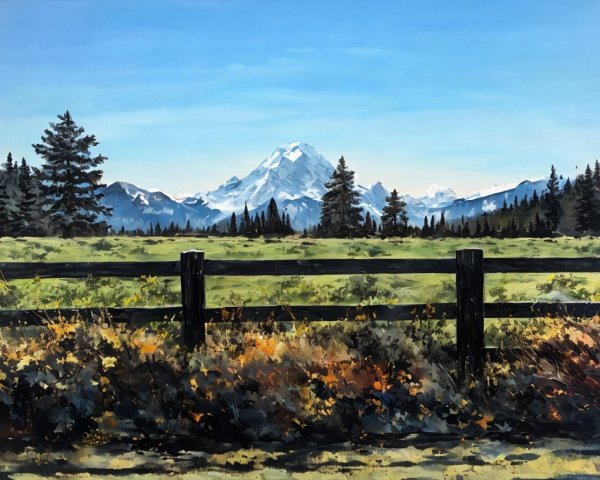 Serene Landscape with Snow-Capped Mountain and Fields