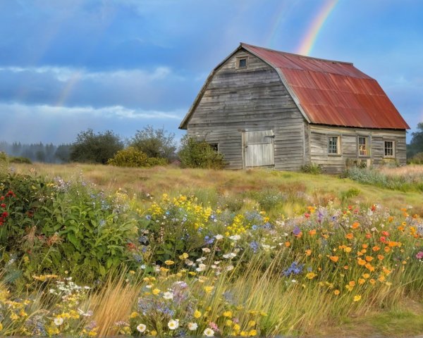 Rustic Barn Surrounded by Colorful Wildflowers and Rainbows