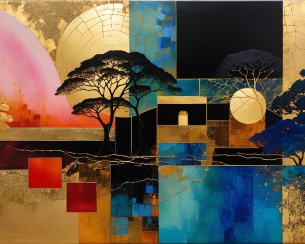 Vibrant Abstract Landscape with Gold Leaf Elements