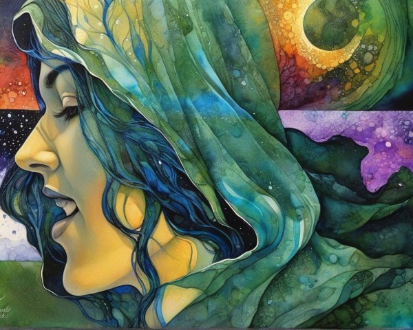 Vibrant Watercolor of Woman in Profile with Veil