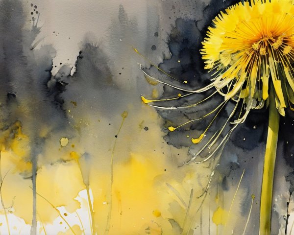 Vibrant Dandelion with Yellow Petals in Watercolor