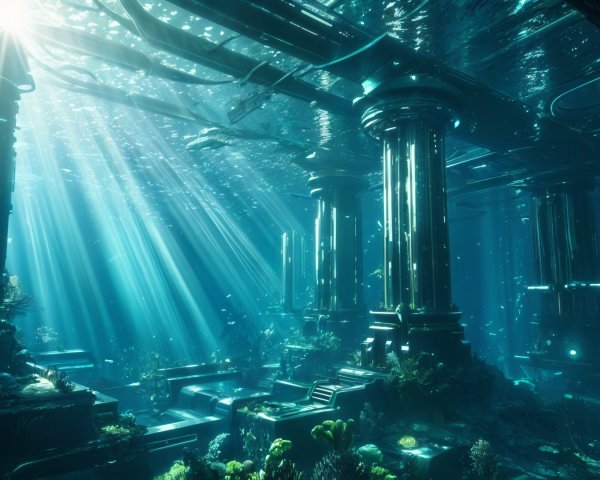 Underwater City with Ancient Architecture and Marine Life