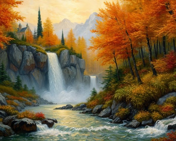 Vibrant Autumn Landscape with Waterfall and Mountains