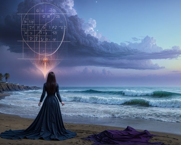 Figure in Dark Gown at Serene Beach with Celestial Symbol