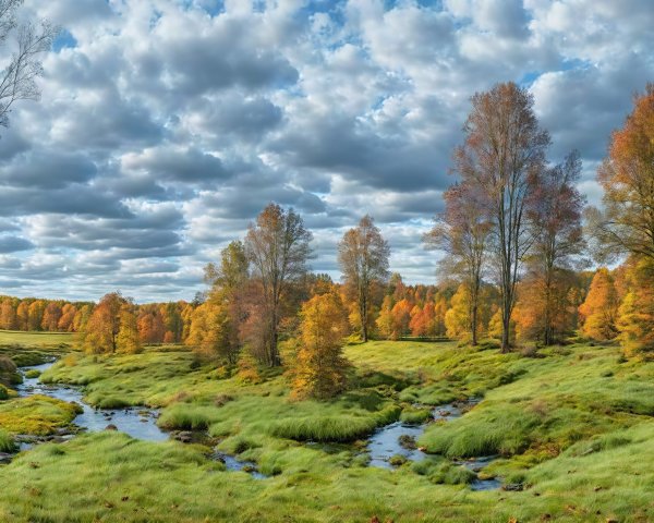 Autumn Landscape with Colorful Trees and Stream