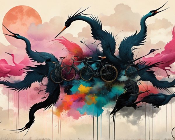 Surreal Landscape with Cranes and Bicycles in Color