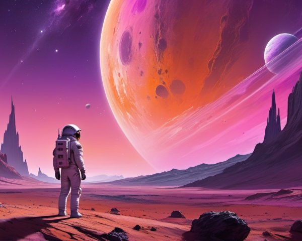 Astronaut on Alien Landscape with Vibrant Sunset Sky