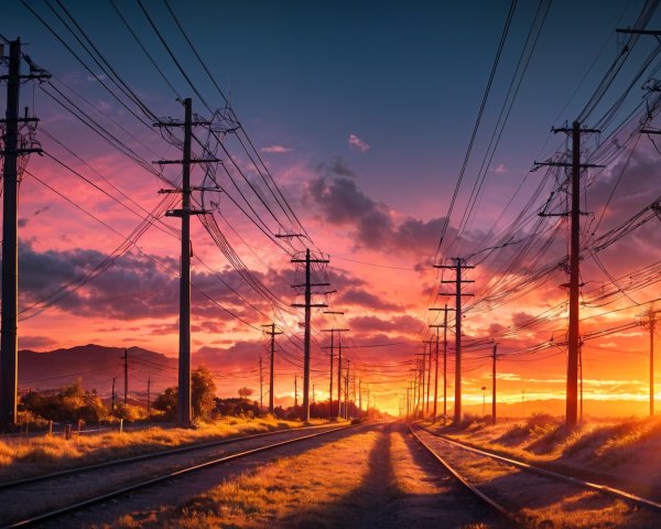 Sunset Landscape with Railway Tracks and Mountains