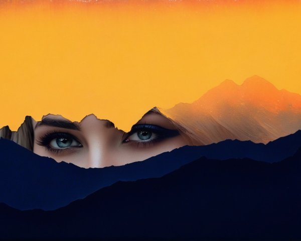 Woman's Eyes Above Mountain Range at Sunset