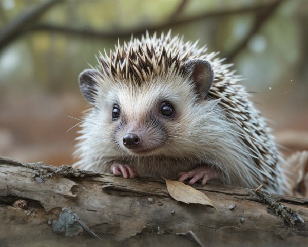 Small hedgehog on log in serene outdoor setting