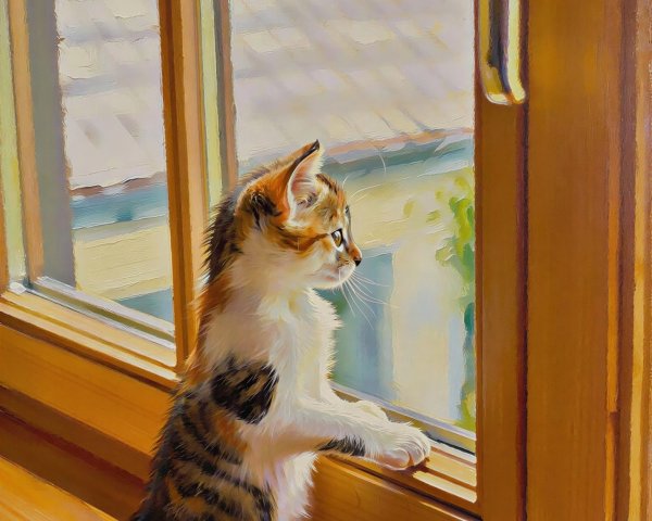 Calico Kitten on Weathered Windowsill in Oil Painting