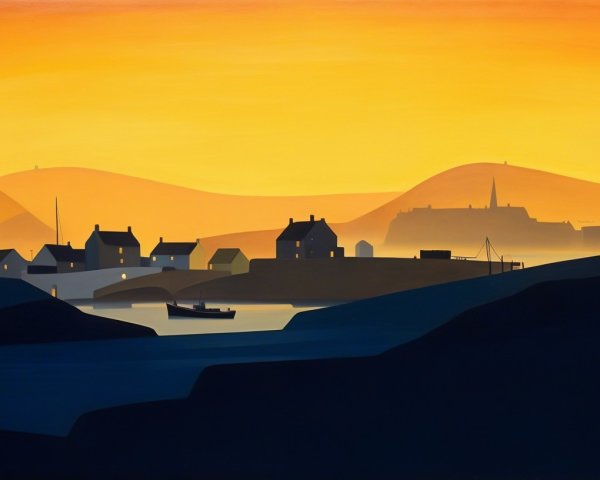 Tranquil Harbor Landscape at Sunset with Silhouettes