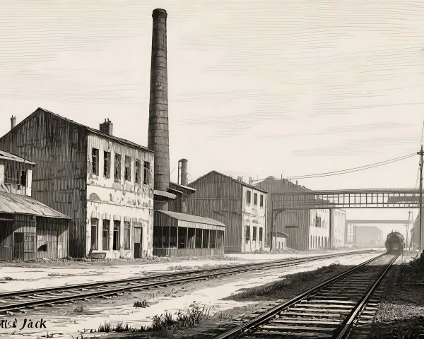 Black and white sketch of an industrial landscape