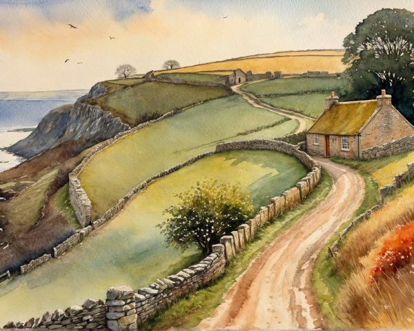 Impressionistic Watercolor of Coastal Landscape at Sunset