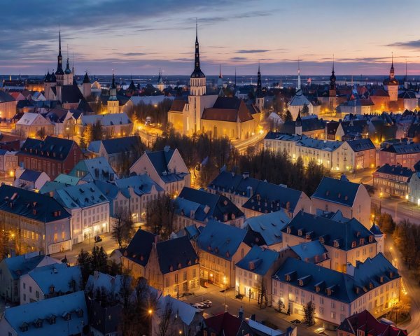 Aerial View of Old Town Tallinn at Dusk