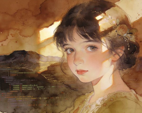 Digital painting of a girl in a moss green dress