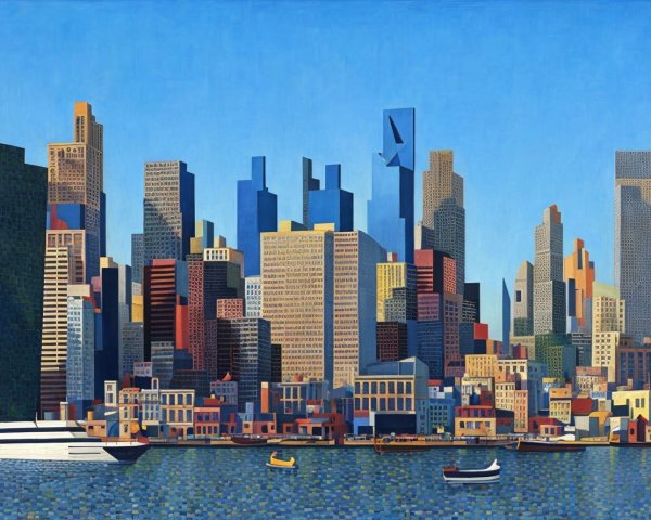 Vibrant Cityscape with Colorful Skyscrapers and Waterfront