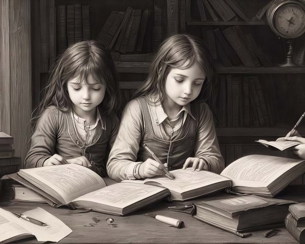 Children Reading in a Dimly Lit Library Setting