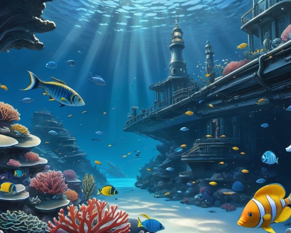 Vibrant Coral Reef with Colorful Fish and Sunken City
