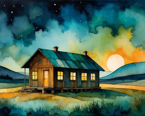 Rustic Cabin with Vibrant Sunset and Starry Sky