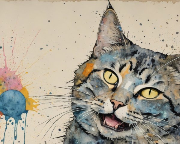 Vibrant Watercolor of a Playful Cat with Colorful Background