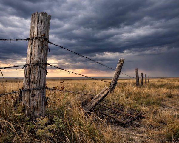 Rundown Barbed-Wire Fence on Grassy Plain Under Clouds