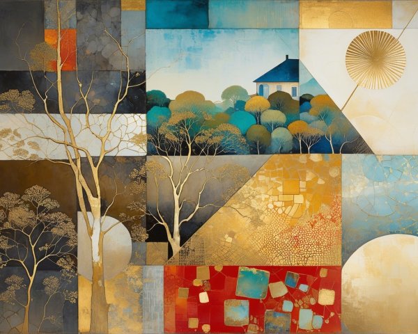Abstract Landscape with Geometric Sections and Nature Motifs