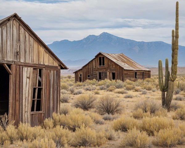 Dilapidated Wooden Buildings in Arid Mountain Landscape