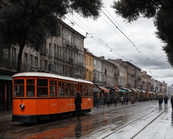 Vibrant Tram on Cobblestone Street with Historic Buildings