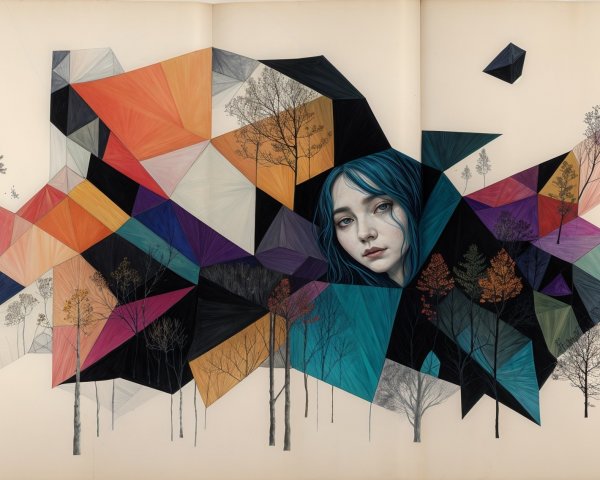 Abstract Geometric Shapes with Portrait and Tree Silhouettes