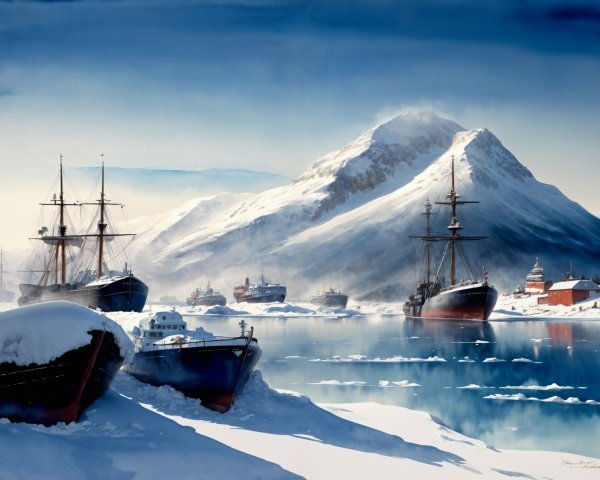 Tranquil Icy Harbor with Snow-Capped Mountains
