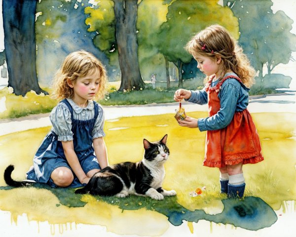 Young girls playing in a sunlit park with a cat
