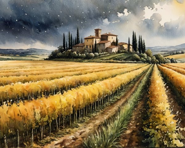 Watercolor Landscape of Italian Vineyards and Villa
