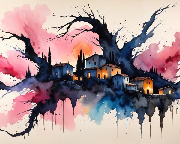 Vibrant Watercolor Village Amidst Dark Tree Limbs