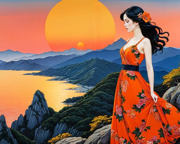 Woman in Floral Dress at Sunset Over Mountains