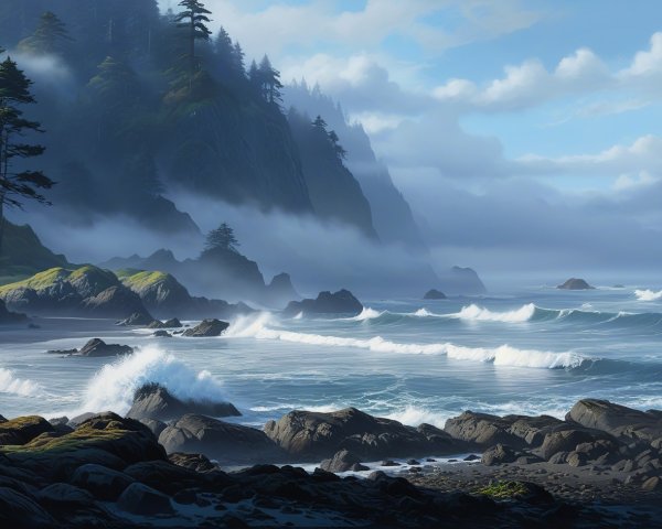 Coastal Landscape with Cliffs and Pine Trees