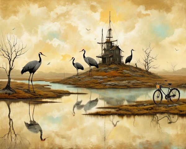 Serene Island Landscape with Rustic House and Cranes