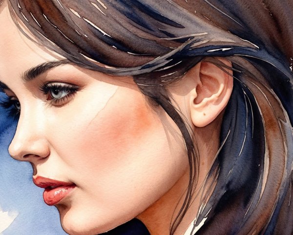 Close-Up Profile of a Young Woman in Watercolor