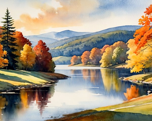Tranquil River Surrounded by Autumn Foliage and Mountains