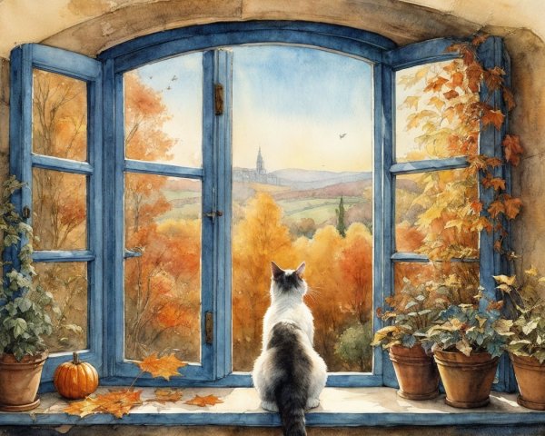 Cozy Window Scene with Cat and Autumn Landscape